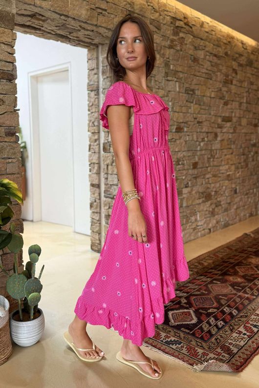 Made in Italy Forget Me Knots Bardot Shirring Dress Flamingo /9 =